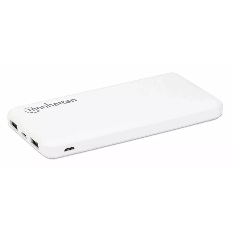 Manhattan Power Bank 10000 mAh, 2x USB-A (2.1A un 1A), USB-C un Micro-USB ieeja, balts