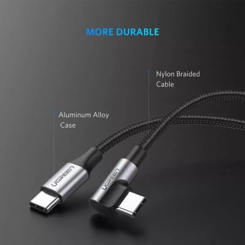 Ugreen 50123 USB-C kabelis 1 m, 90° leņķa savienotājs, melns/sudrabs