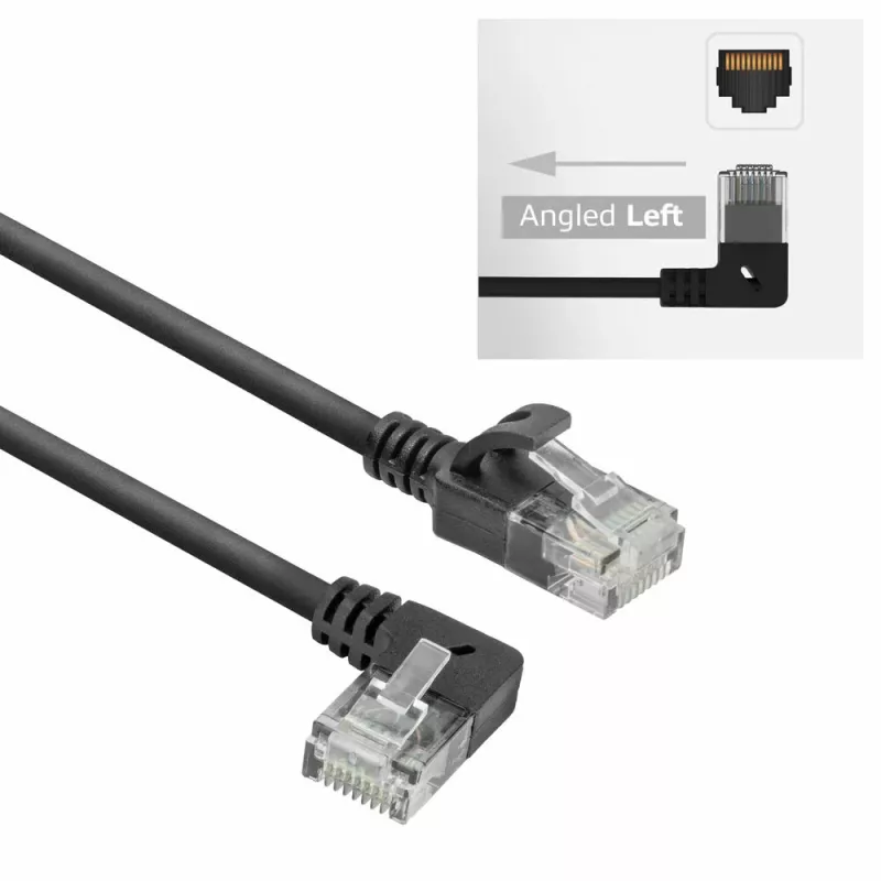 ACT Black 2 m U/UTP CAT6A LSZH plānā savienojuma kabelis ar RJ45 savienotājiem 90° leņķī pa kreisi un taisnu