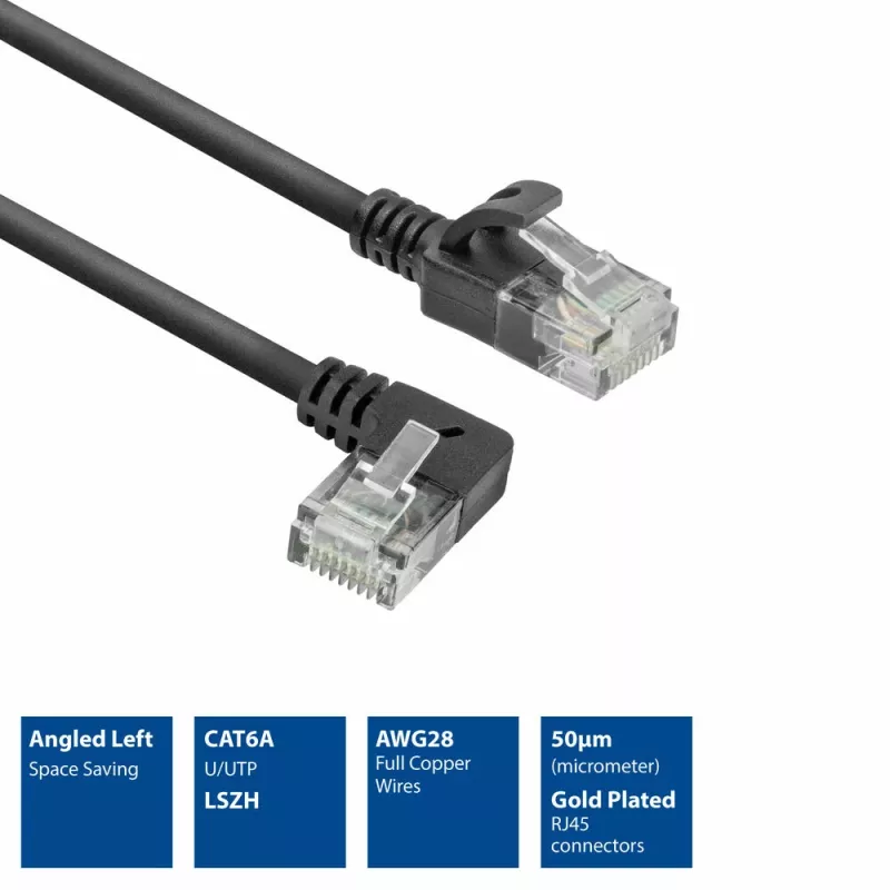 ACT Black 2 m U/UTP CAT6A LSZH plānā savienojuma kabelis ar RJ45 savienotājiem 90° leņķī pa kreisi un taisnu