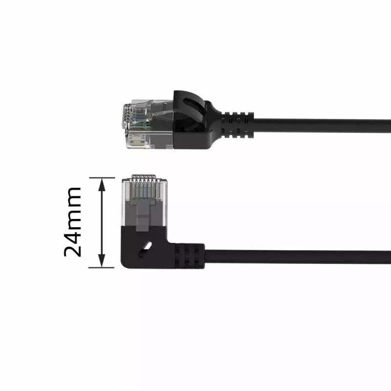 ACT Black 2 m U/UTP CAT6A LSZH plānā savienojuma kabelis ar RJ45 savienotājiem 90° leņķī pa kreisi un taisnu