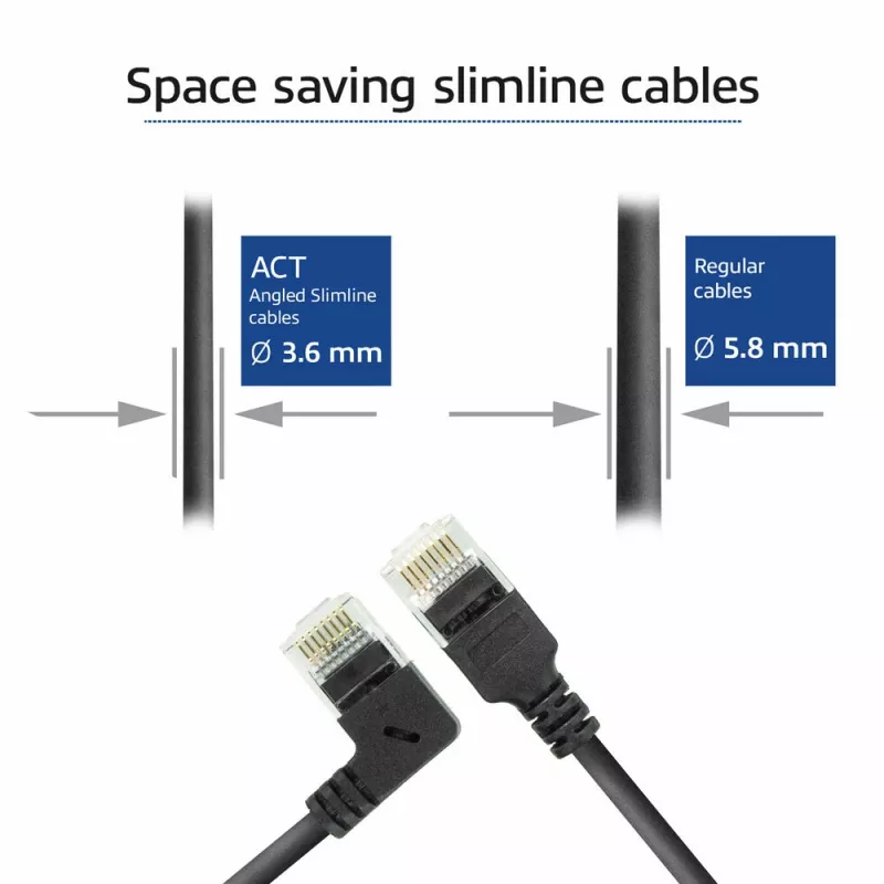 ACT Black 2 m U/UTP CAT6A LSZH plānā savienojuma kabelis ar RJ45 savienotājiem 90° leņķī pa kreisi un taisnu