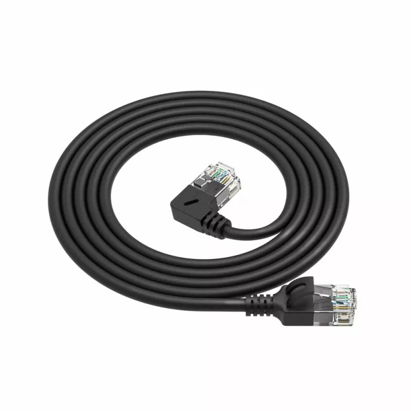 ACT Black 1.5 m U/UTP CAT6A LSZH plāns savienojuma kabelis ar RJ45 savienotājiem 90° leņķī pa kreisi uz taisnu