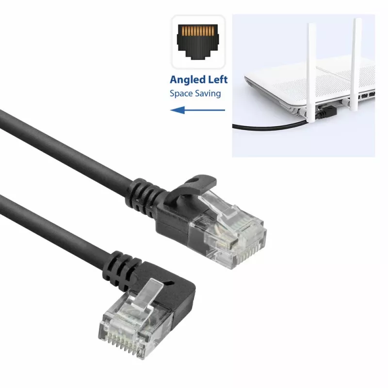 ACT Black 1.5 m U/UTP CAT6A LSZH plāns savienojuma kabelis ar RJ45 savienotājiem 90° leņķī pa kreisi uz taisnu