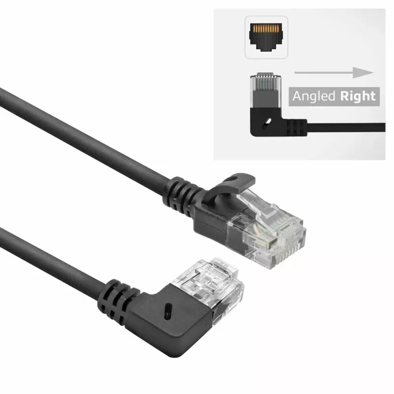 ACT Black 1m Cat6A U/UTP LSZH Slimline patch kabelis ar RJ45 90° leņķa labo un taisno savienotāju