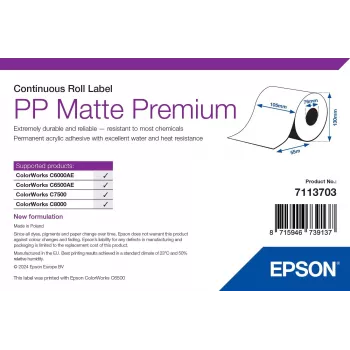 Epson 7113703 pašlīmējošā etiķešu ruļļa lente, balta, matēta polipropilēna