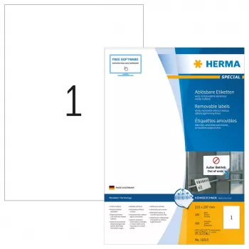 HERMA 10315 Noņemamās uzlīmes A4 210x297 mm balta Movables