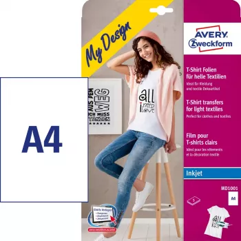 Avery Zweckform MD1001 pārneses loksnes apģērbam — polipropilēns A4 210×297 mm, balts, gaišiem audumiem, 5 gab.