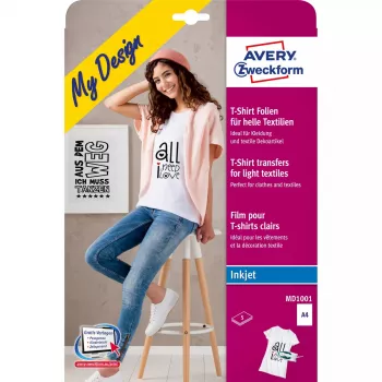 Avery Zweckform MD1001 pārneses loksnes apģērbam — polipropilēns A4 210×297 mm, balts, gaišiem audumiem, 5 gab.