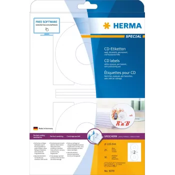 CD etiķetes HERMA A4 Ø 116 mm balts papīrs matēts necaurspīdīgs 50 gab.