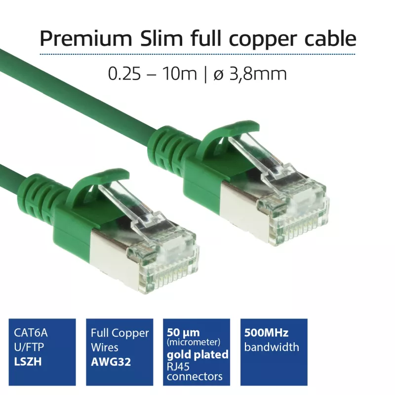 ACT Green 0.25 m LSZH U/FTP CAT6A datacentra šaurā lāpīšanas kabelis, bezāķa ar RJ45 savienotājiem
