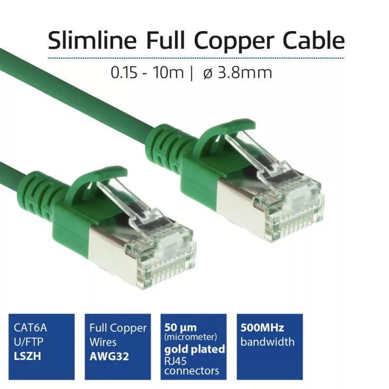 ACT Green 7 metru LSZH U/FTP CAT6A plānais datu centra savienojuma kabelis ar aizsargvāciņu un RJ45 savienotājiem