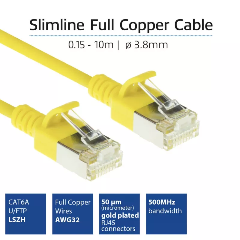 ACT Yellow 10 m LSZH U/FTP CAT6A plānais līdzens datu centra kabelis ar aizsargātiem RJ45 savienotājiem