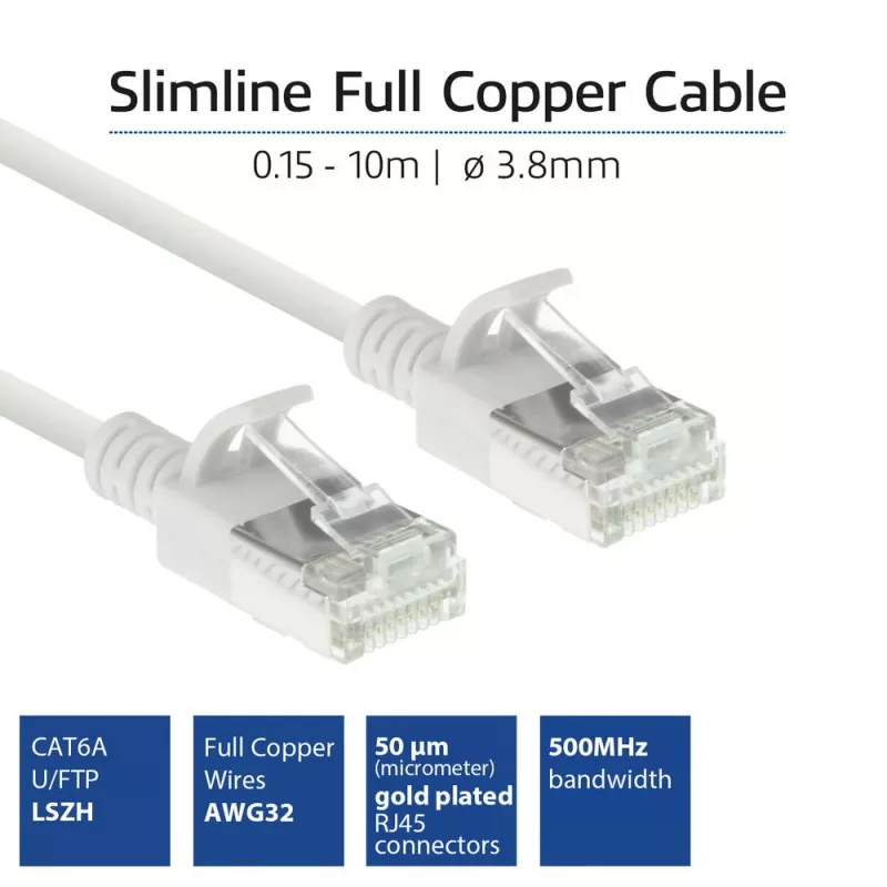 ACT White 3 metru LSZH U/FTP CAT6A datacentra slaidais savienojuma kabelis ar snagless RJ45 savienotājiem
