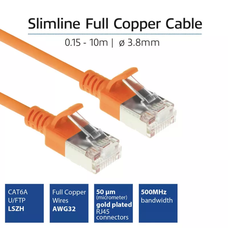 ACT Orange 10 m LSZH U/FTP CAT6A datacentra plānais lēciena kabelis ar RJ45 savienotājiem, bezāķa aizsardzība