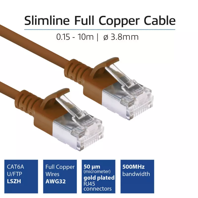 ACT Brown 1 m LSZH U/FTP CAT6A datacenter plānais lēciena kabelis ar RJ45 savienotājiem
