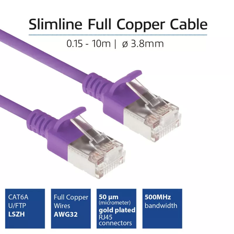 ACT Purple 1.5 m LSZH U/FTP CAT6A datacentra plānais lēciena kabelis ar aizsargātu RJ45 spraudni