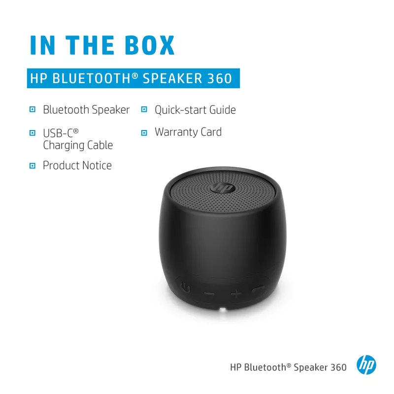 HP Black Bluetooth Speaker 360, pārnēsājams Bluetooth 5 skaļrunis, melns, cilindrisks, ar pogām, universāls