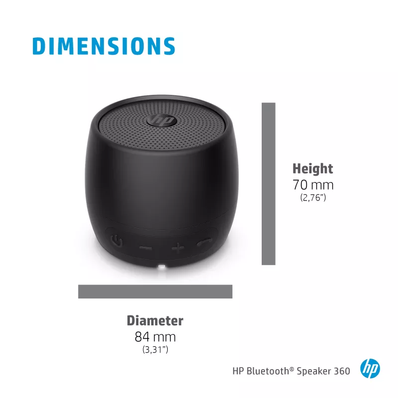 HP Black Bluetooth Speaker 360, pārnēsājams Bluetooth 5 skaļrunis, melns, cilindrisks, ar pogām, universāls