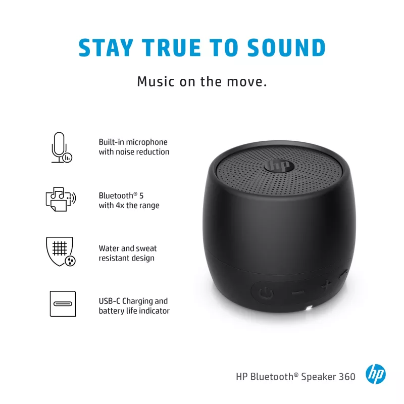 HP Black Bluetooth Speaker 360, pārnēsājams Bluetooth 5 skaļrunis, melns, cilindrisks, ar pogām, universāls