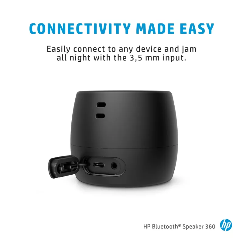 HP Black Bluetooth Speaker 360, pārnēsājams Bluetooth 5 skaļrunis, melns, cilindrisks, ar pogām, universāls