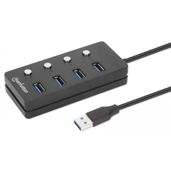 Manhattan 4-portu USB-C dokstacija/hubs ar slēdžiem katram portam, USB-A (x4), 5 Gbps (USB 3.2 Gen1), universāls, barošana no USB vai ārēja adaptera (nav iekļauts), kabelis 1.5m, melns, 3 gadu garantija