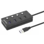 Manhattan 4-portu USB-C dokstacija/hubs ar slēdžiem katram portam, USB-A (x4), 5 Gbps (USB 3.2 Gen1), universāls, barošana no USB vai ārēja adaptera (nav iekļauts), kabelis 1.5m, melns, 3 gadu garantija