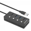 Manhattan 4-portu USB-C dokstacija/hubs ar slēdžiem katram portam, USB-A (x4), 5 Gbps (USB 3.2 Gen1), universāls, barošana no USB vai ārēja adaptera (nav iekļauts), kabelis 1.5m, melns, 3 gadu garantija