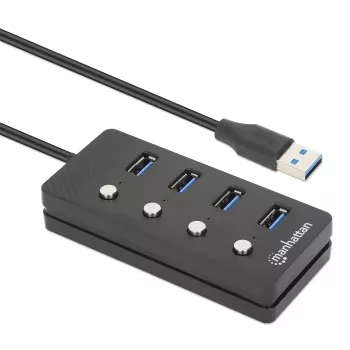 Manhattan 4-portu USB-C dokstacija/hubs ar slēdžiem katram portam, USB-A (x4), 5 Gbps (USB 3.2 Gen1), universāls, barošana no USB vai ārēja adaptera (nav iekļauts), kabelis 1.5m, melns, 3 gadu garantija