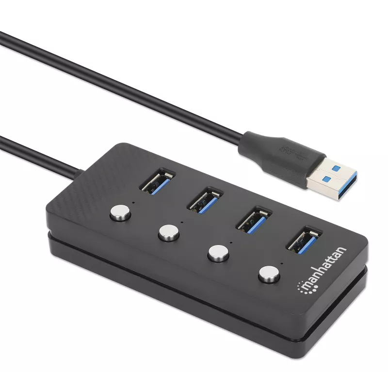 Manhattan 4-portu USB-C dokstacija/hubs ar slēdžiem katram portam, USB-A (x4), 5 Gbps (USB 3.2 Gen1), universāls, barošana no USB vai ārēja adaptera (nav iekļauts), kabelis 1.5m, melns, 3 gadu garantija