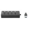 Manhattan 4-portu USB-C dokstacija/hubs ar slēdžiem katram portam, USB-A (x4), 5 Gbps (USB 3.2 Gen1), universāls, barošana no USB vai ārēja adaptera (nav iekļauts), kabelis 1.5m, melns, 3 gadu garantija