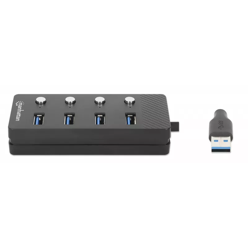 Manhattan 4-portu USB-C dokstacija/hubs ar slēdžiem katram portam, USB-A (x4), 5 Gbps (USB 3.2 Gen1), universāls, barošana no USB vai ārēja adaptera (nav iekļauts), kabelis 1.5m, melns, 3 gadu garantija