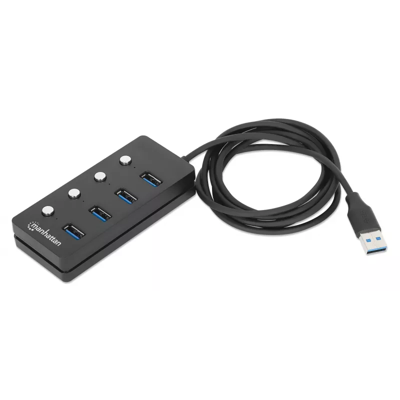 Manhattan 4-portu USB-C dokstacija/hubs ar slēdžiem katram portam, USB-A (x4), 5 Gbps (USB 3.2 Gen1), universāls, barošana no USB vai ārēja adaptera (nav iekļauts), kabelis 1.5m, melns, 3 gadu garantija