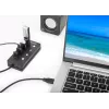 Manhattan 4-portu USB-C dokstacija/hubs ar slēdžiem katram portam, USB-A (x4), 5 Gbps (USB 3.2 Gen1), universāls, barošana no USB vai ārēja adaptera (nav iekļauts), kabelis 1.5m, melns, 3 gadu garantija