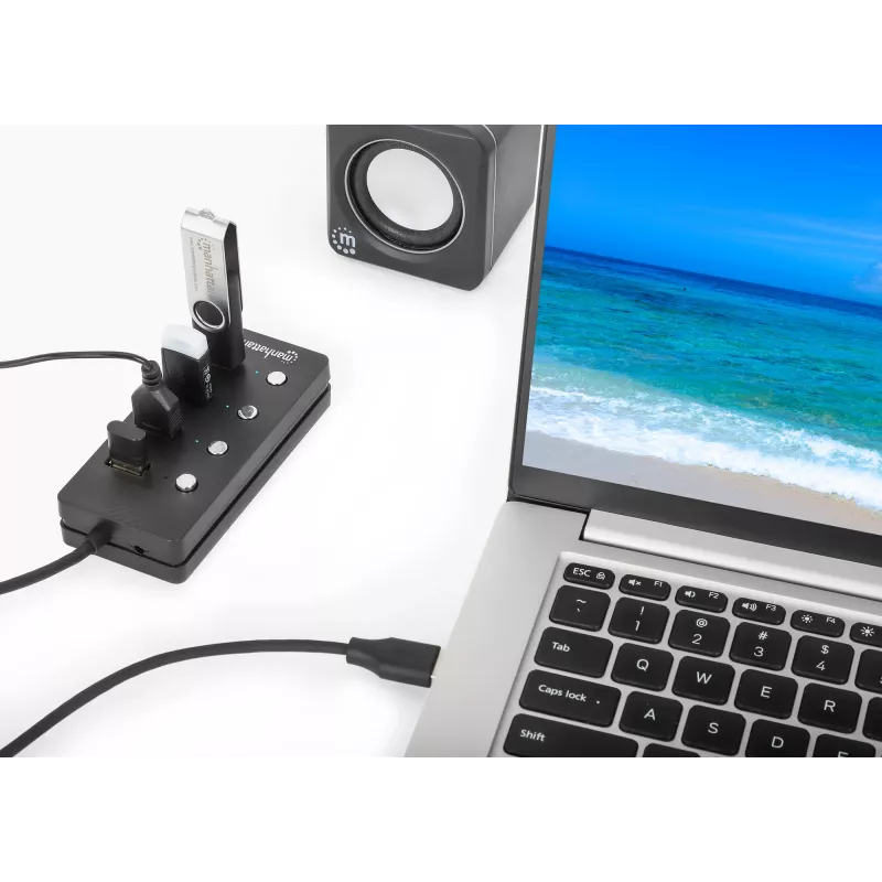 Manhattan 4-portu USB-C dokstacija/hubs ar slēdžiem katram portam, USB-A (x4), 5 Gbps (USB 3.2 Gen1), universāls, barošana no USB vai ārēja adaptera (nav iekļauts), kabelis 1.5m, melns, 3 gadu garantija
