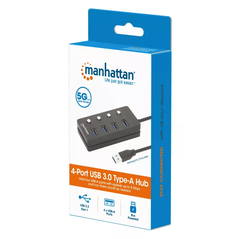 Manhattan 4-portu USB-C dokstacija/hubs ar slēdžiem katram portam, USB-A (x4), 5 Gbps (USB 3.2 Gen1), universāls, barošana no USB vai ārēja adaptera (nav iekļauts), kabelis 1.5m, melns, 3 gadu garantija