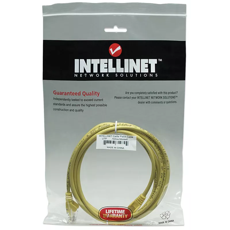 Intellinet tīkla vīts, Cat5e, 1m, Dzeltena, CCA, U/UTP, PVC, RJ45, Zeltīti kontakti, Aizsargāta, Ar boot, Mūža garantija