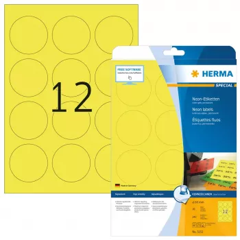 Pašlīmējošās neonlentes HERMA A4 apaļas Ø 60 mm luminiscējoši dzeltenas 240 gab.