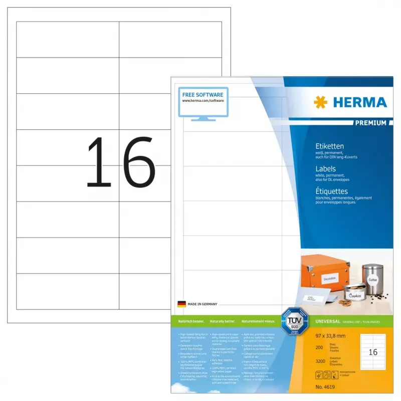 Pašlīmējošās printera uzlīmes HERMA Labels Premium A4 97x33,8 mm