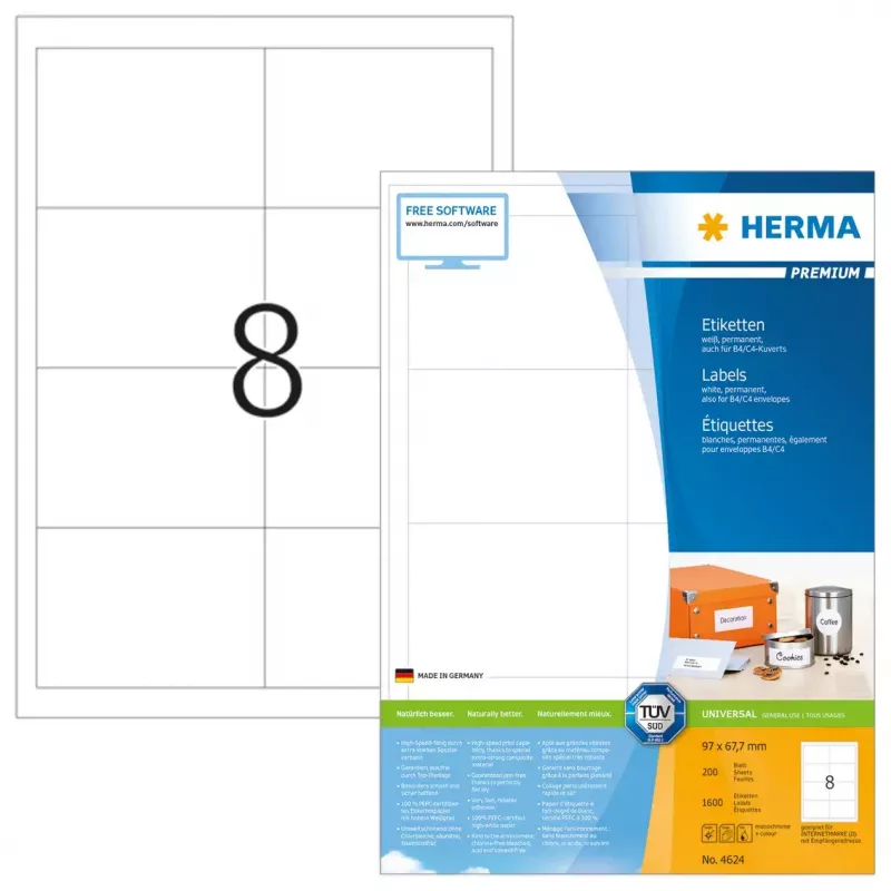Uzlīmes HERMA Premium A4 97x67.7 mm balts matēts papīrs 1600 gab.