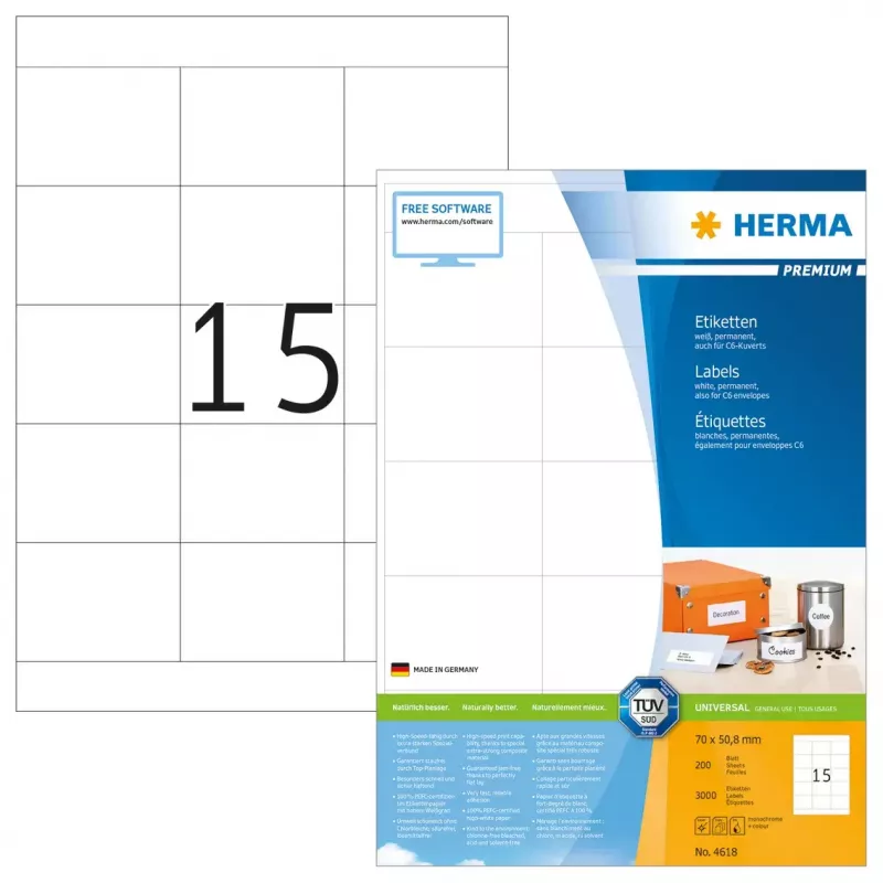 Pašlīmējošās printeru etiķetes HERMA Labels Premium A4 70x50,8 mm