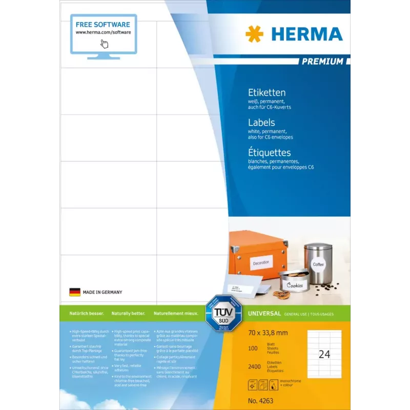 Pašlīmējošās printera etiķetes HERMA Premium A4 70x33,8 mm 2400 gab.