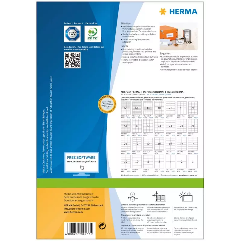 Pašlīmējošās printera etiķetes HERMA Premium A4 70x33,8 mm 2400 gab.