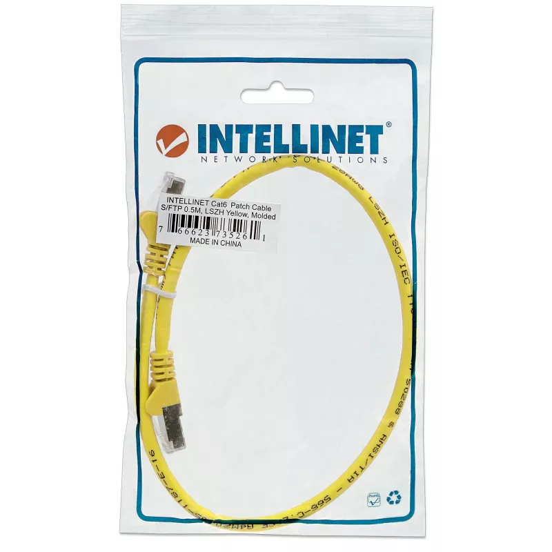 Intellinet tīkla vads, Cat6, 0,5m, Dzeltens, Varš, S/FTP, LSOH/LSZH, PVC, RJ45, Apzeltīti kontakti, Bezāķa, Ar aizsargvāciņu, Mūža garantija
