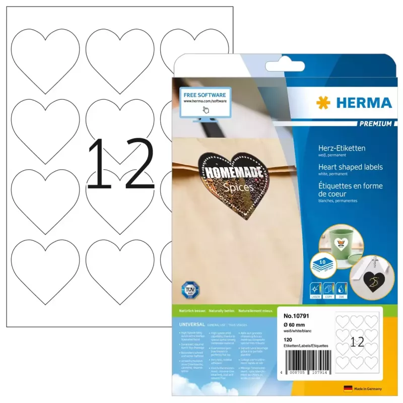 HERMA 10791 pašlīmējošas sirsniņu etiķetes Pastāvīgi Baltas 120 gab.