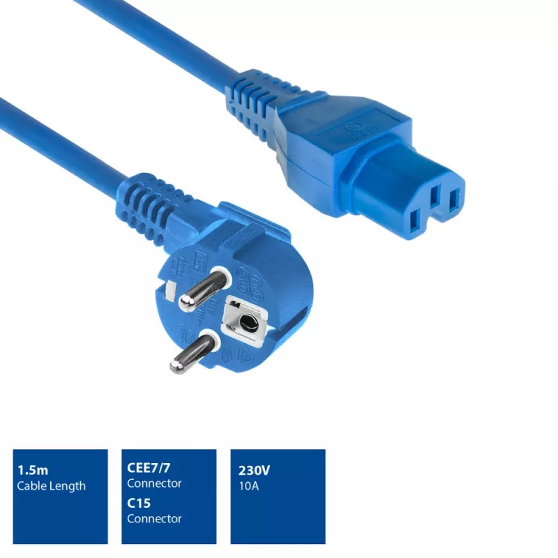 ACT barošanas vads CEE 7/7 leņķa C15 zils 1,5 m 230V 10A