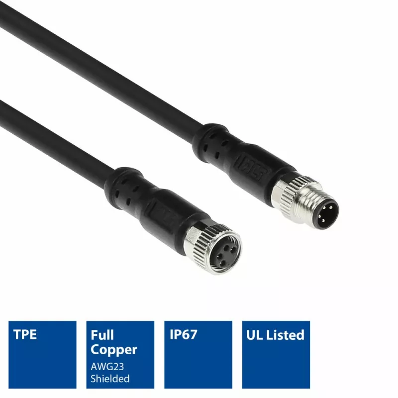 ACT Industrial sensora kabelis 3,00 m M8A 4-pin vīriešu uz M8A 4-pin sieviešu, Ultraflex Xtreme TPE, ekranēts