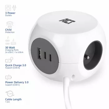 ACT AC2425 pagarinātājs ar USB 1.5 m 3 kontaktligzdas Balts