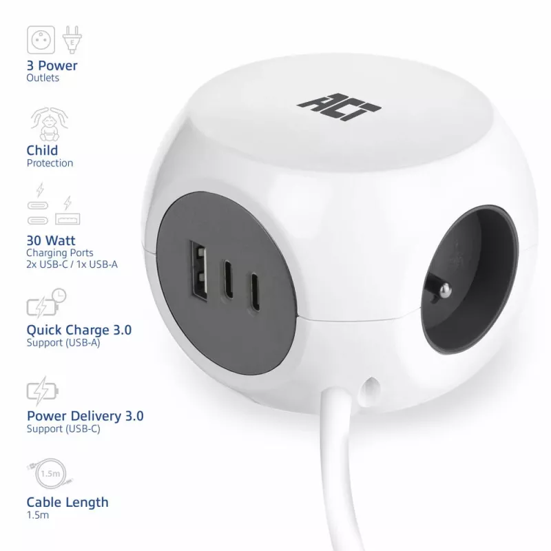 ACT AC2425 pagarinātājs ar USB 1.5 m 3 kontaktligzdas Balts