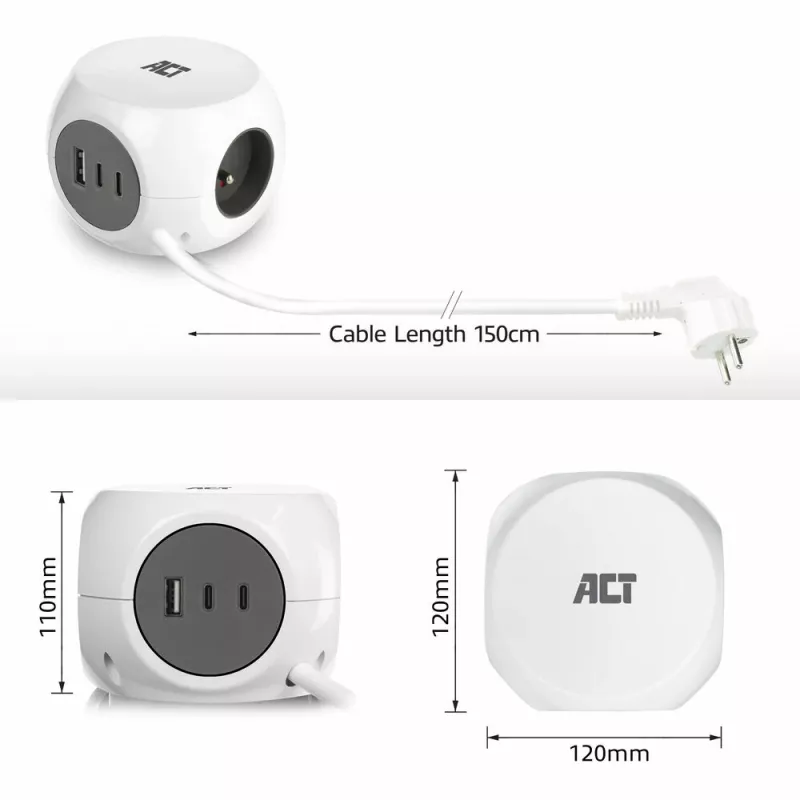 ACT AC2425 pagarinātājs ar USB 1.5 m 3 kontaktligzdas Balts